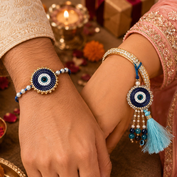 Handmade Beaded Blue Evil Eye Rakhi & Lumba Gift Set For Bhaiya Bhabhi | Set of 2