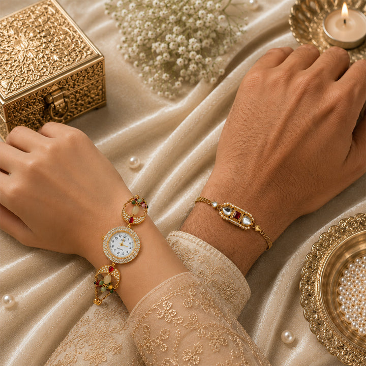 Handmade Kundan & Pearl Golden Heirloom Rakhi & Bhabhi Watch Combo For Bhaiya Bhabhi | Set of 2