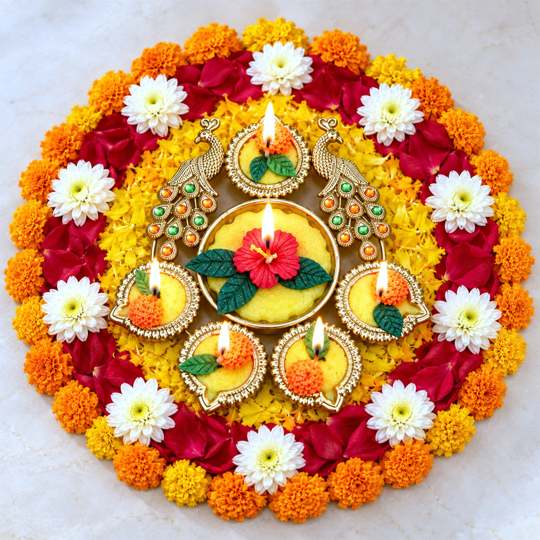 Handcrafted Peacock Rangoli Aluminium Urli Jasmine Scented Multi Wick Soy Wax Candle