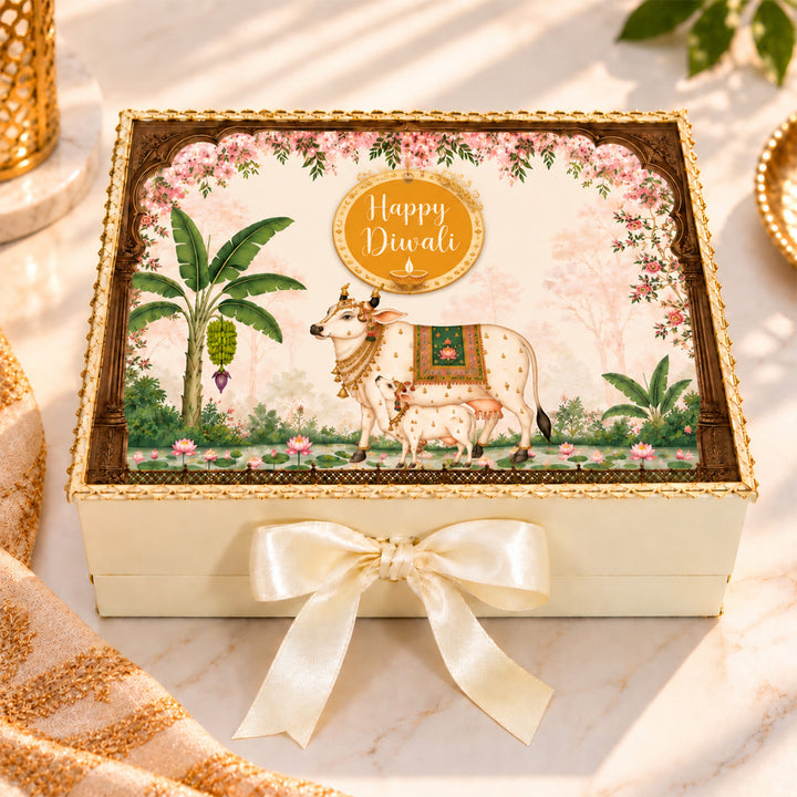 Pichwai Theme Lakshmi Paduka, Brass Diya & Mithai Diwali Gift Hamper