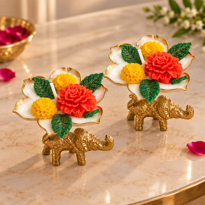 Handcrafted Royal Elephant Bloom Floral Golden Aluminium Mogra Scented Soy Wax Candle