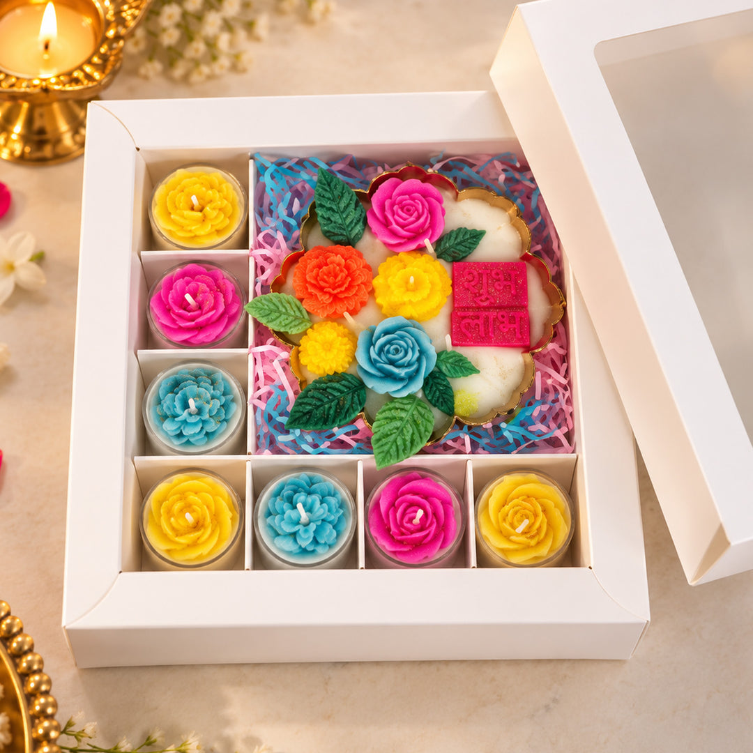 Shubh Labh Floral Bloom Scented Tealight & Lotus Urli Candle Diwali Gift Hamper