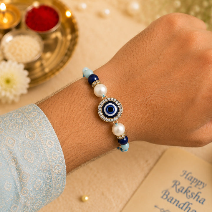Handmade Beaded Evil Eye Rakhi Gift Hamper With Roli Chawal For Brother