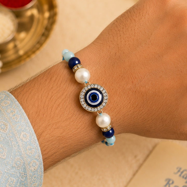 Handmade Beaded Evil Eye Protection Rakhi With Roli Chawal For Brother