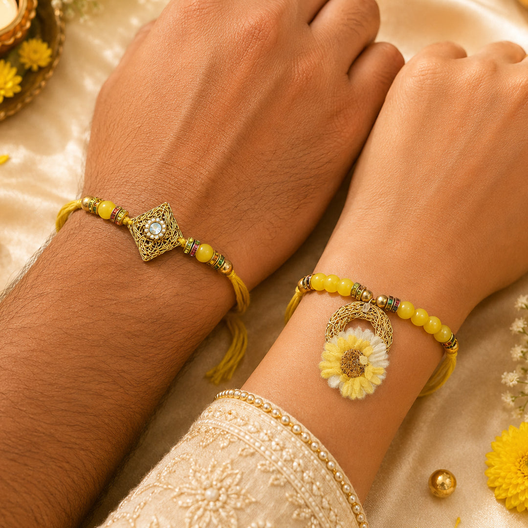 Handmade Beaded Sunflower Rakhi & Floral Lumba Gift Set For Bhaiya Bhabhi | Set of 2