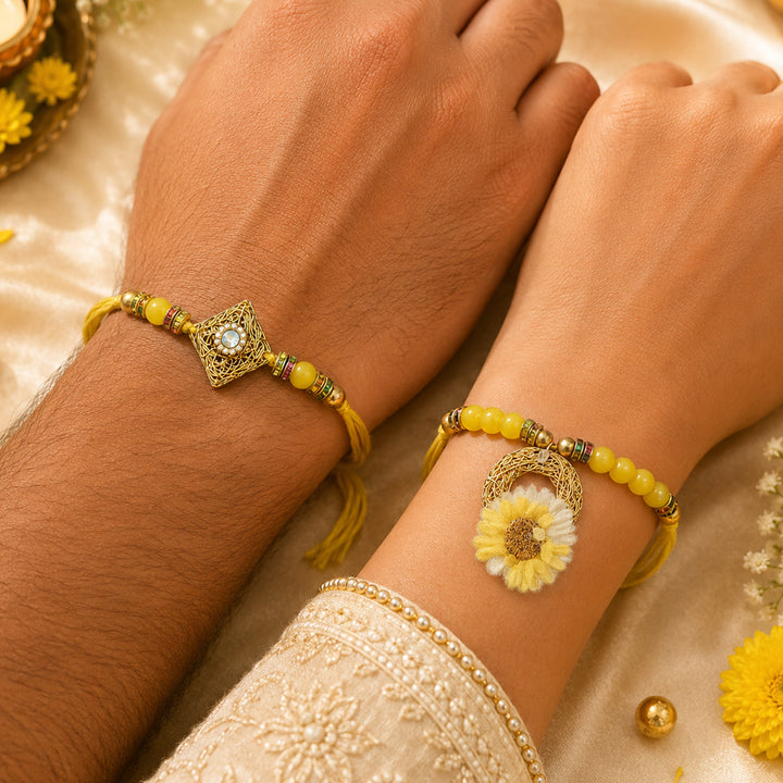 Handmade Beaded Sunflower Rakhi & Floral Lumba Gift Set For Bhaiya Bhabhi | Set of 2