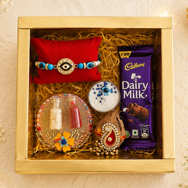 Handmade Beaded Divine Evil Eye Rakhi Gift Hamper With Roli Chawal For Brother