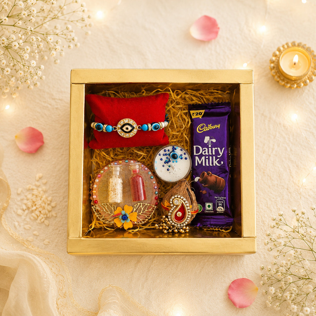 Handmade Beaded Divine Evil Eye Rakhi Gift Hamper With Roli Chawal For Brother