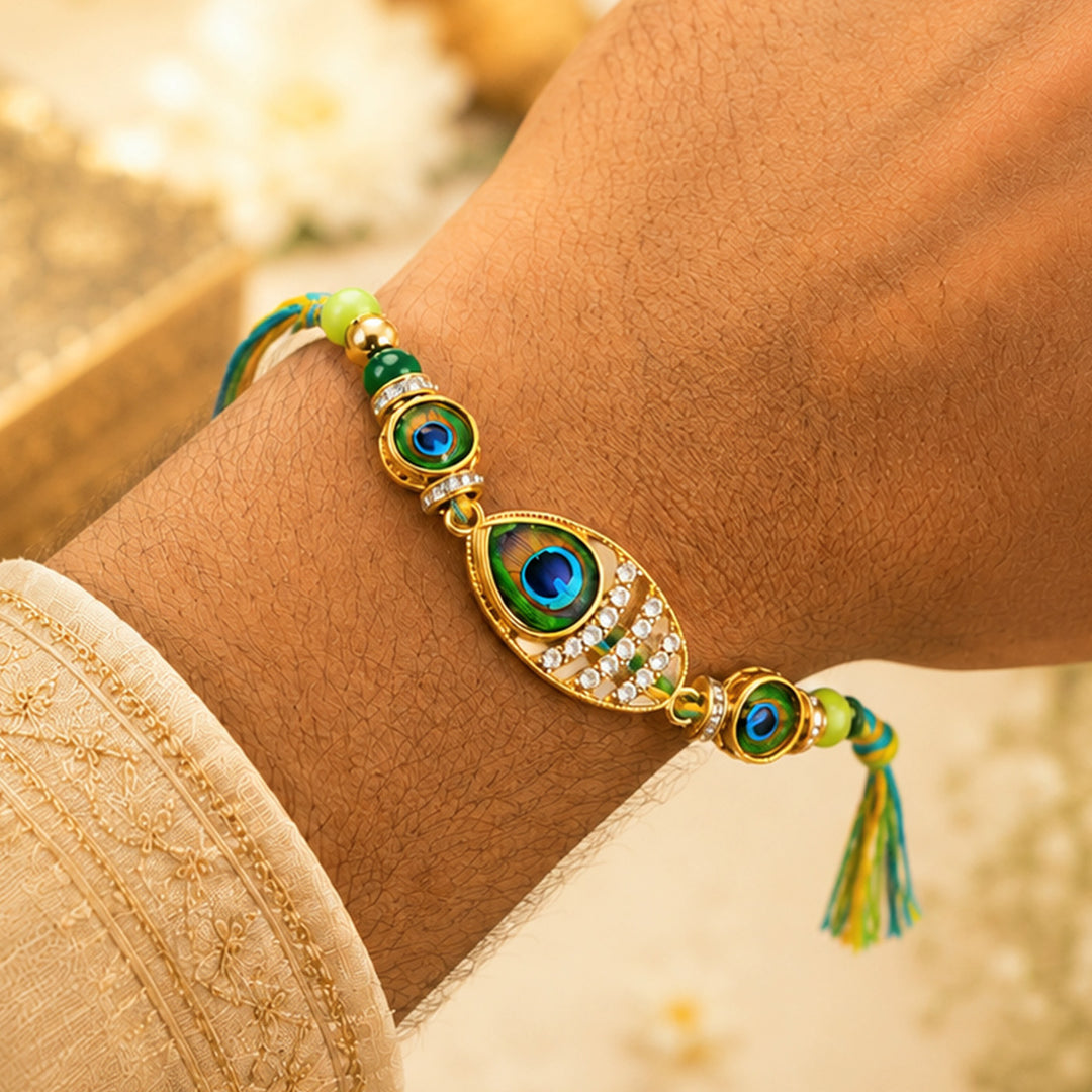 Handmade Beaded Peacock Feather Rakhi With Roli Chawal For Brother