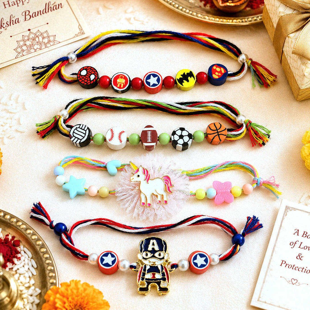 Handmade Beaded Unicorn, Captain America, Sports & Avenger Kids Rakhi With Roli Chawal For Kids | Choose Any 2