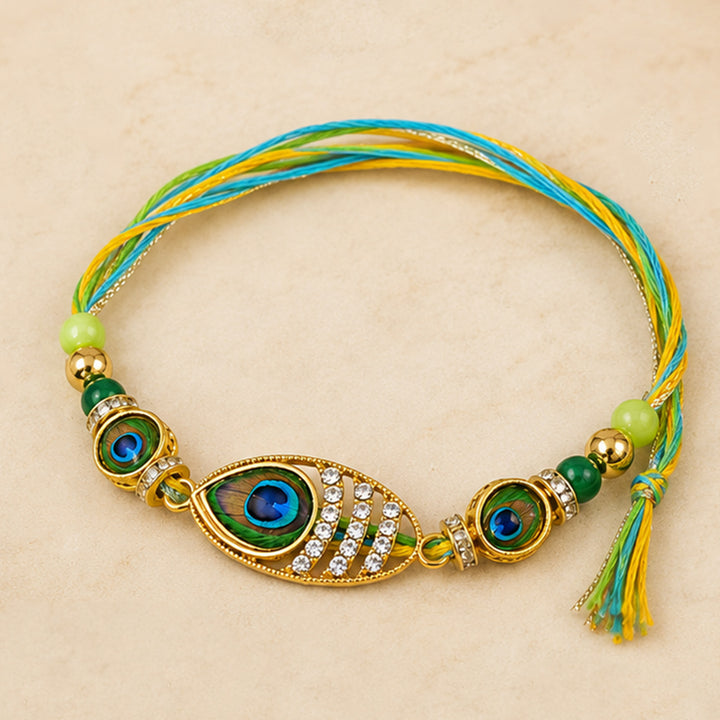 Handmade Beaded Peacock Feather Rakhi With Roli Chawal For Brother