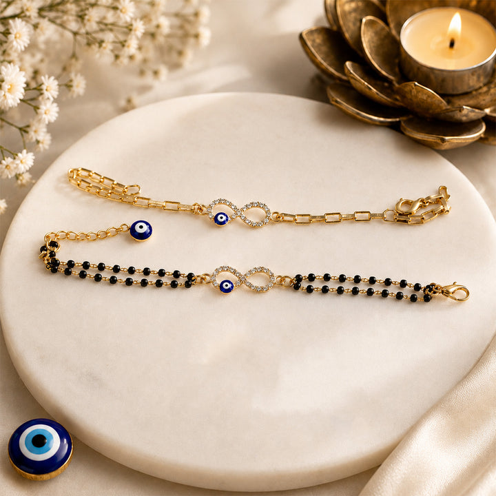 Handmade Beaded Infinity Evil Eye Couple Rakhi Set With Roli Chawal For Bhaiya Bhabhi | Set of 2