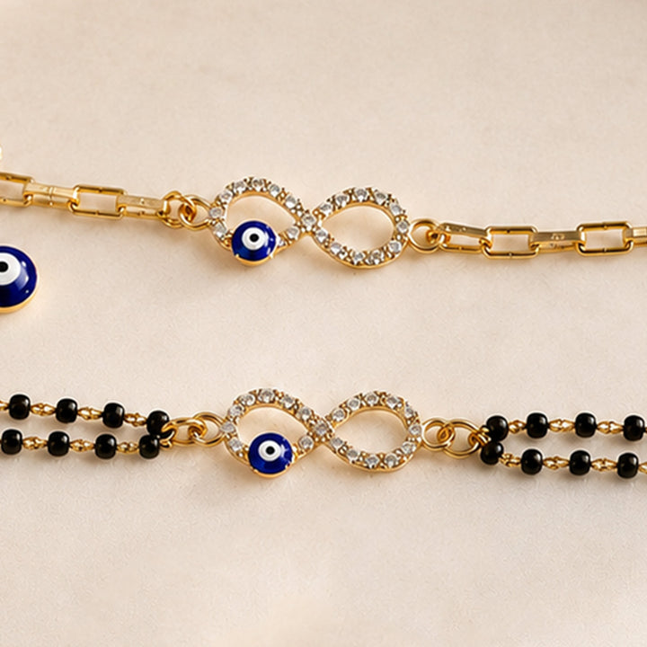 Handmade Beaded Infinity Evil Eye Couple Rakhi Set With Roli Chawal For Bhaiya Bhabhi | Set of 2