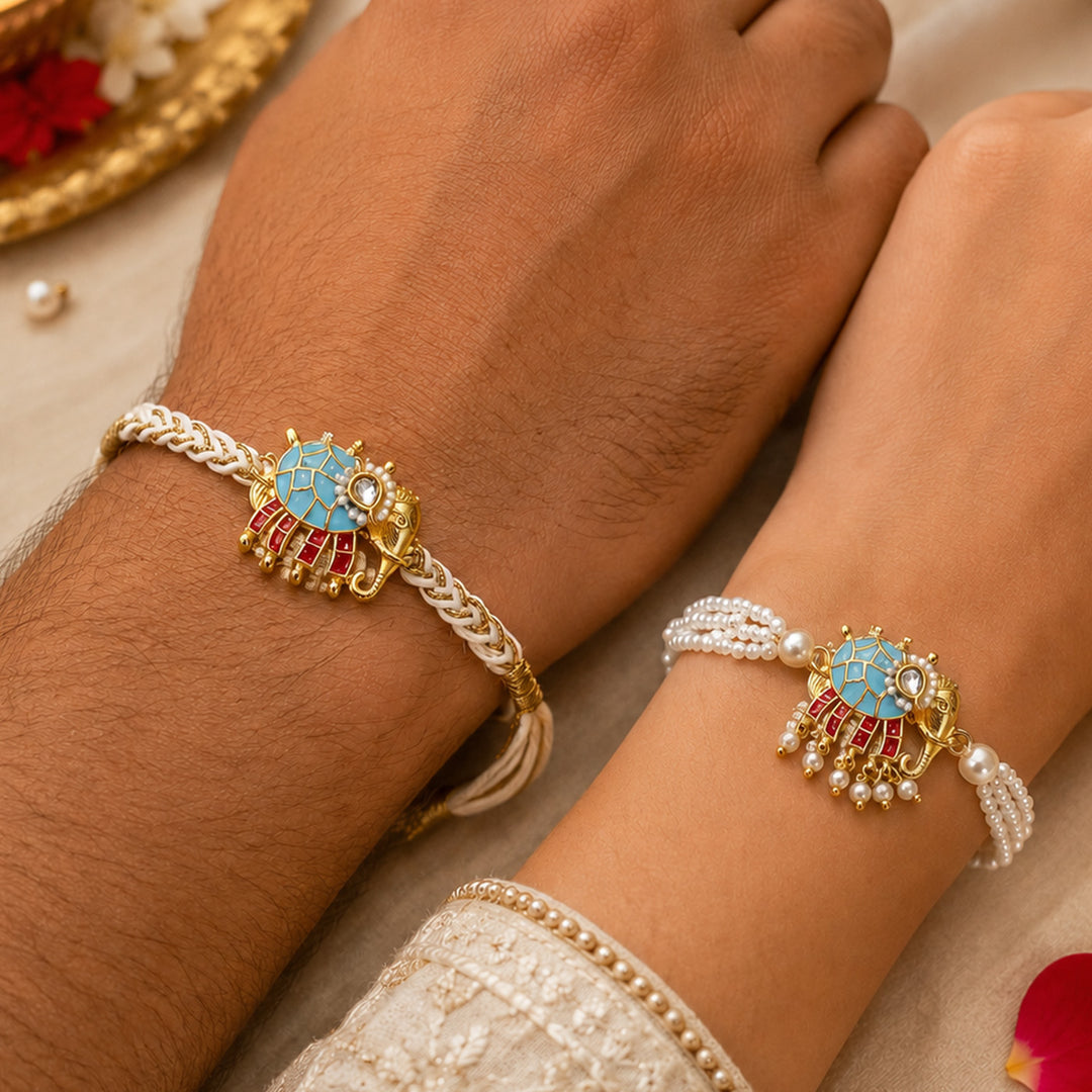 Handmade Beaded Elephant Rakhi & Lumba Gift Set For Bhaiya Bhabhi | Set of 2