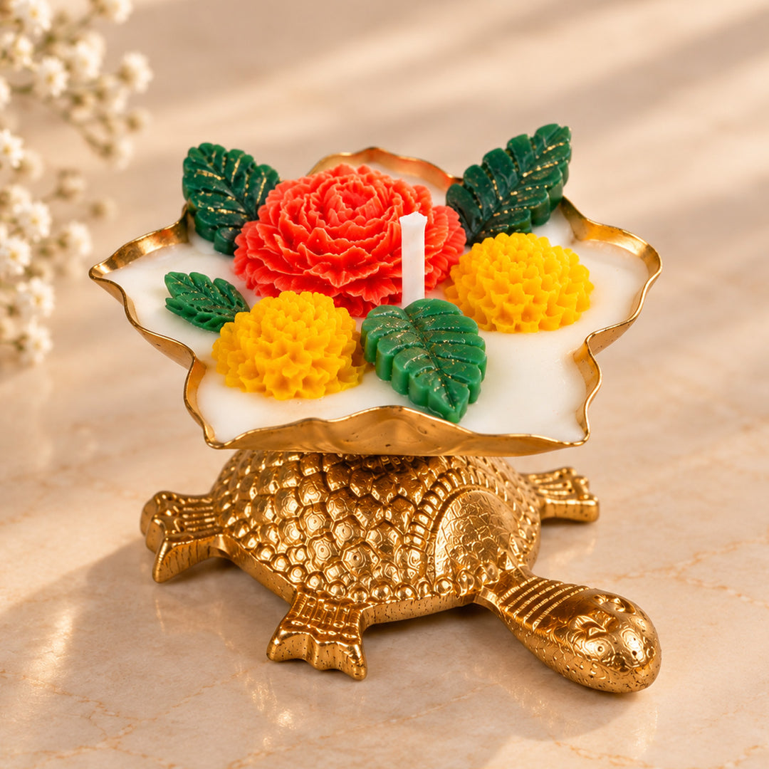 Handcrafted Royal Turtle Floral Golden Aluminium Mogra Scented Soy Wax Candle