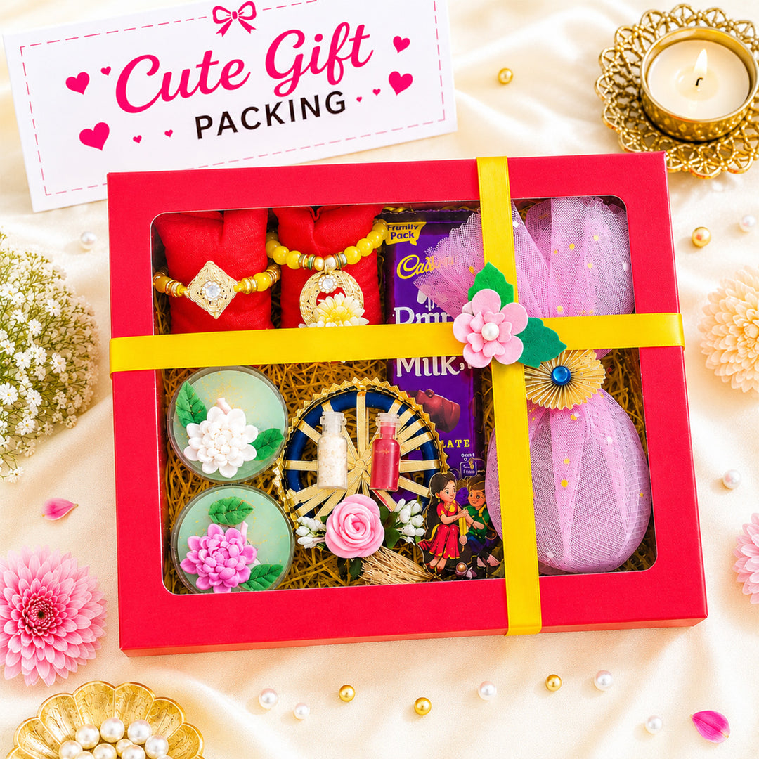 Handmade Beaded Sunflower Rakhi & Floral Lumba Gift Set For Bhaiya Bhabhi | Set of 2