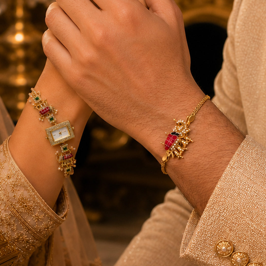 Handmade Kundan & Pearl Shahi Gajraj Elephant Motif Rakhi & Bhabhi Watch Combo For Bhaiya Bhabhi | Set of 2