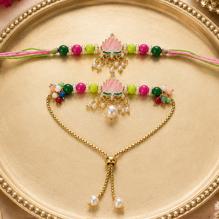 Handmade Beaded Peach Lotus Rakhi & Bracelet Lumba Gift Set For Bhaiya Bhabhi | Set of 2