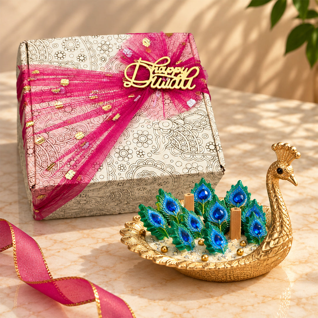 Handcrafted Royal Peacock Feather Brass Urli Sandalwood Scented Soy Wax Candle With Pearl Accents