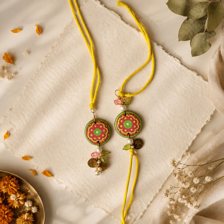 Personalized Floral Terracotta Bhaiya Bhabhi Couple Rakhi With Roli Chawal | Set Of 2