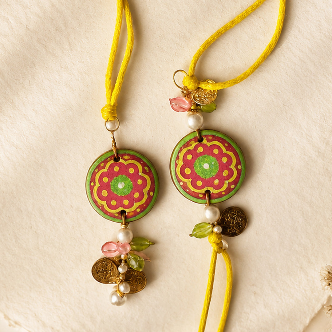 Personalized Floral Terracotta Bhaiya Bhabhi Couple Rakhi With Roli Chawal | Set Of 2