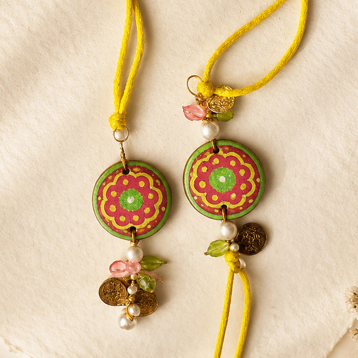 Personalized Floral Terracotta Bhaiya Bhabhi Couple Rakhi With Roli Chawal | Set Of 2
