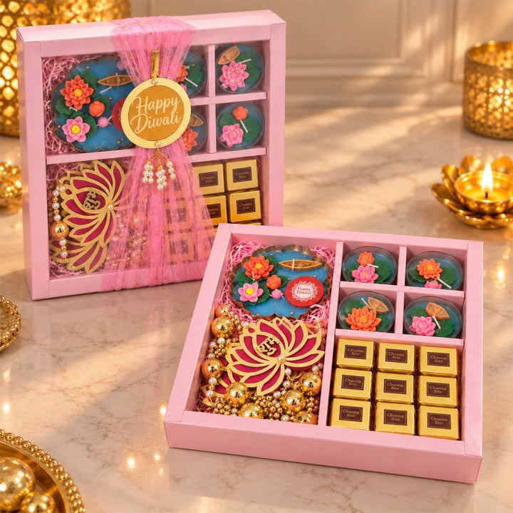 Shubh Labh Lakshmi Lotus Blessings Urli Candle, Tealight & Mithai Diwali Gift Hamper