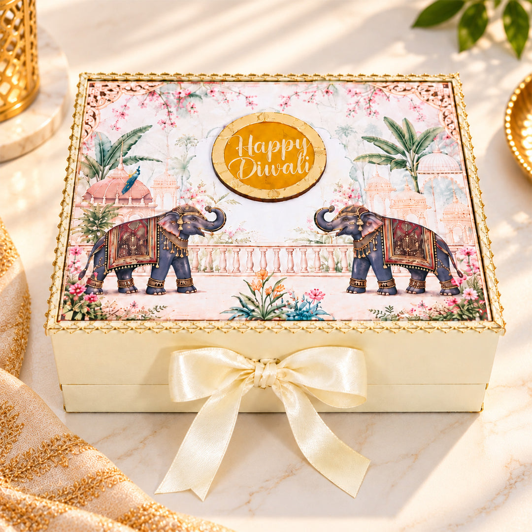 Royal Elephant Theme Urli Candle, Shubh Labh Hanging & Mithai Diwali Gift Hamper