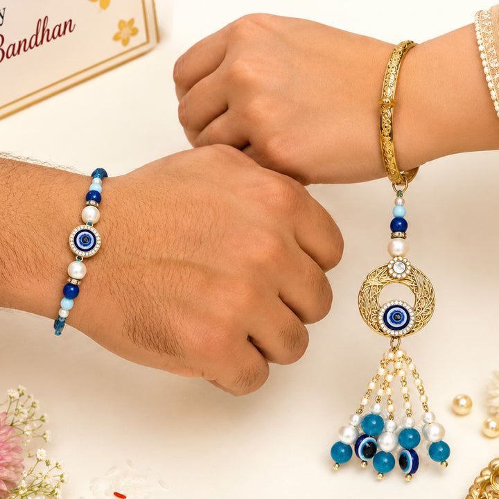 Handmade Beaded Evil Eye Rakhi & Golden Lumba Gift Set For Bhaiya Bhabhi | Set of 2