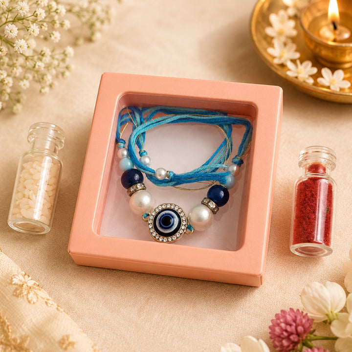 Handmade Beaded Evil Eye Protection Rakhi With Roli Chawal For Brother