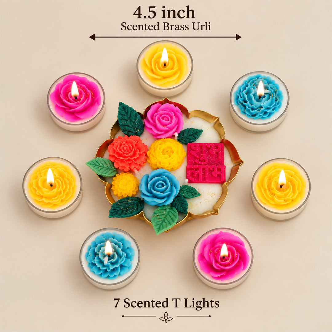 Shubh Labh Floral Bloom Scented Tealight & Lotus Urli Candle Diwali Gift Hamper