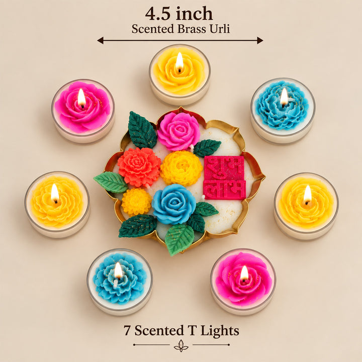 Shubh Labh Floral Bloom Scented Tealight & Lotus Urli Candle Diwali Gift Hamper