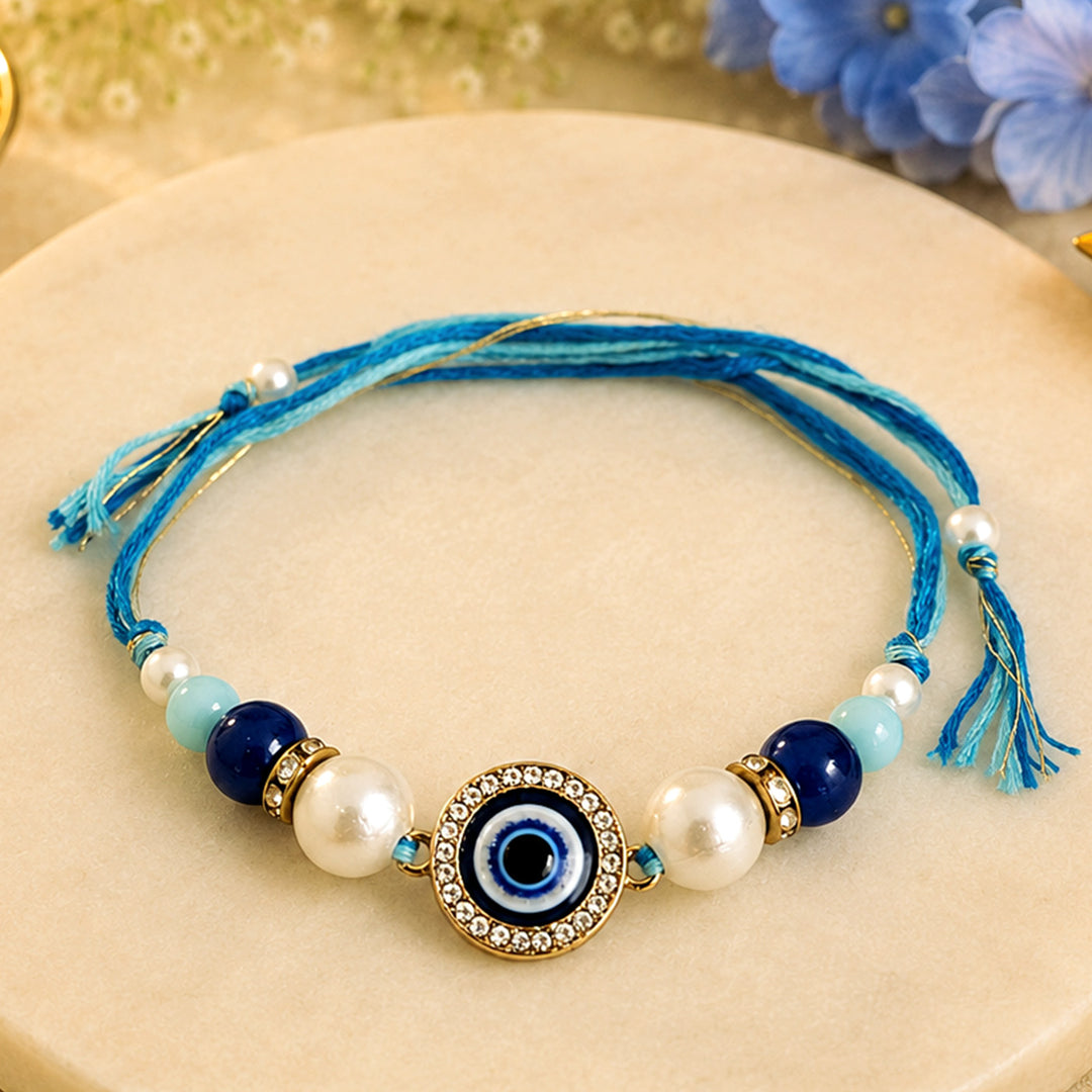 Handmade Beaded Evil Eye Rakhi Gift Hamper With Roli Chawal For Brother