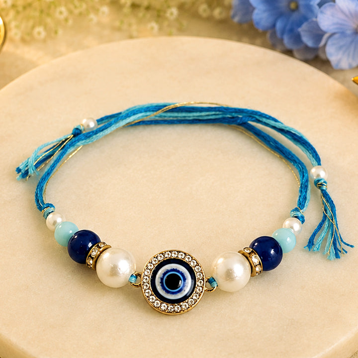 Handmade Beaded Evil Eye Rakhi Gift Hamper With Roli Chawal For Brother