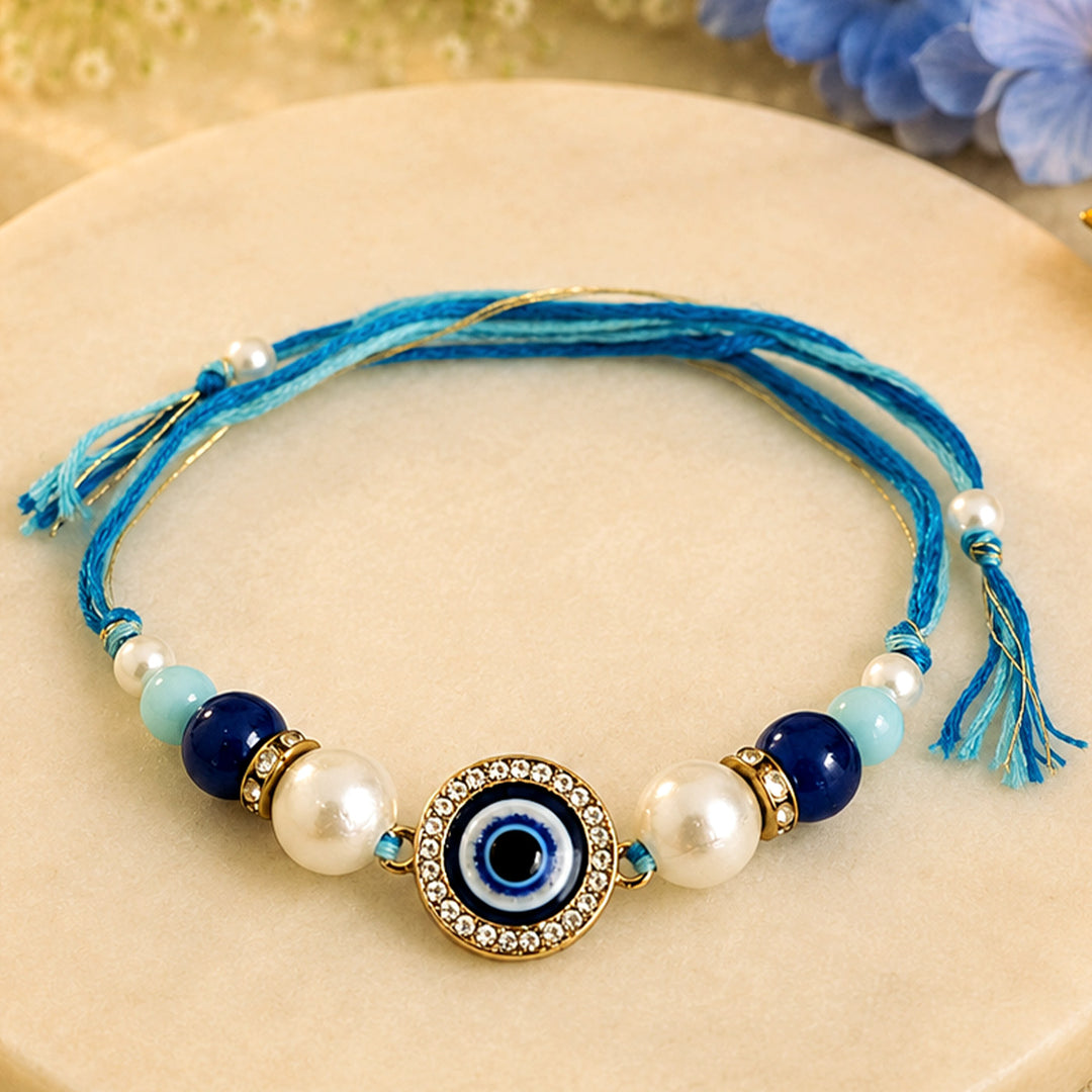 Handmade Beaded Evil Eye Protection Rakhi With Roli Chawal For Brother
