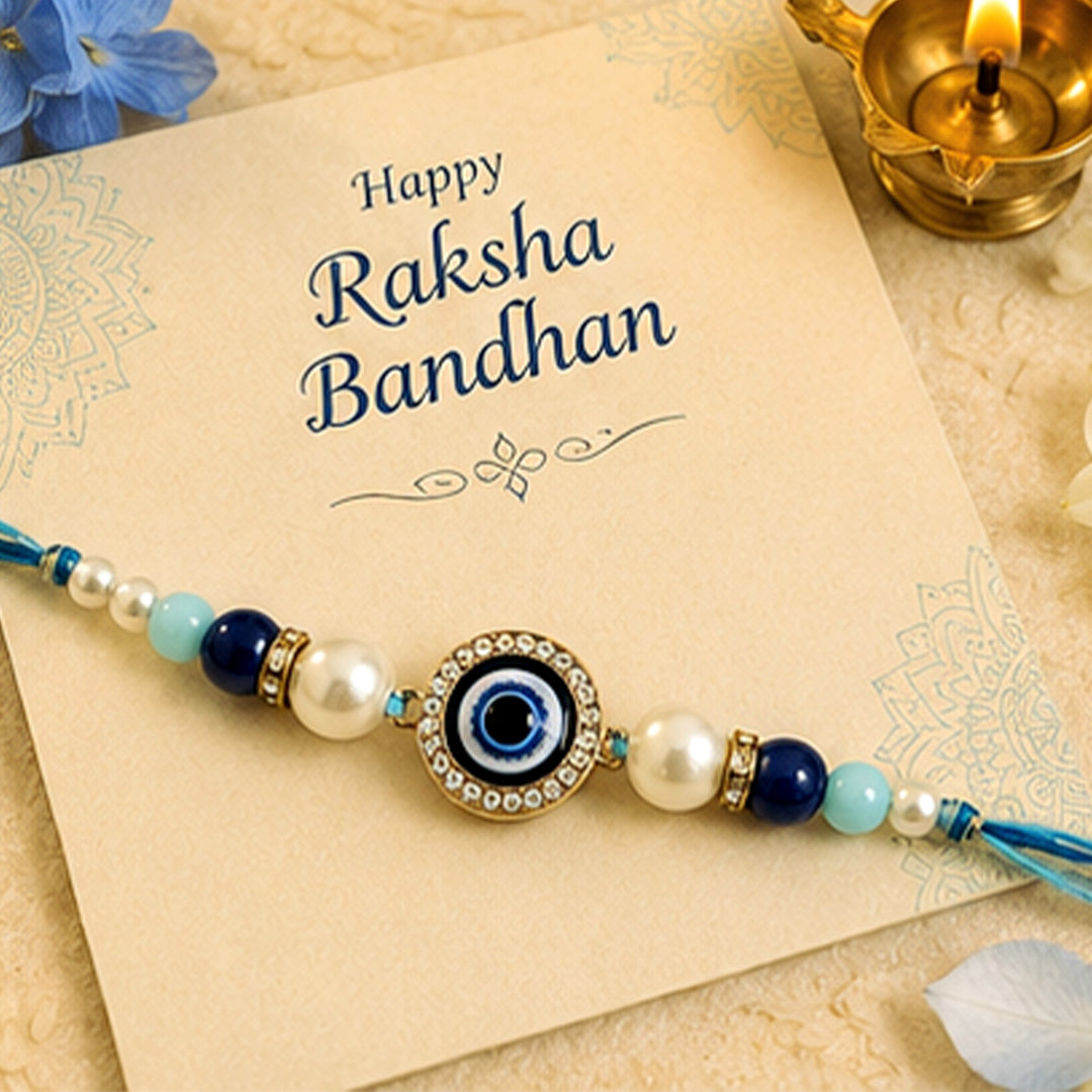 Handmade Beaded Evil Eye Rakhi Gift Hamper With Roli Chawal For Brother