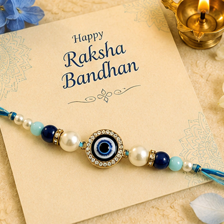 Handmade Beaded Evil Eye Rakhi Gift Hamper With Roli Chawal For Brother