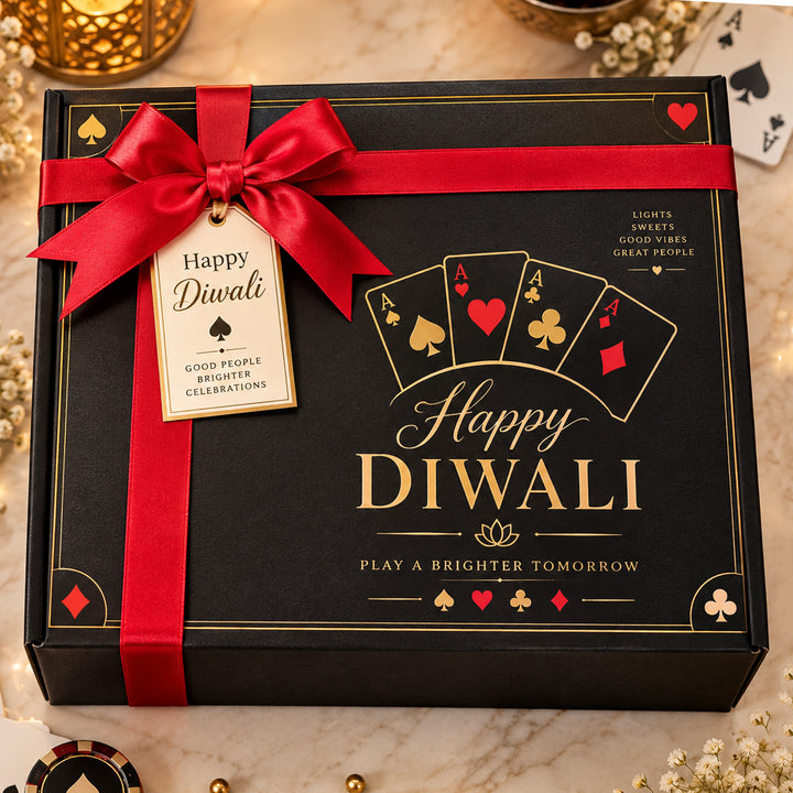 Royal Cards Poker Theme Urli Candle, Tealight & Mithai Diwali Gift Hamper