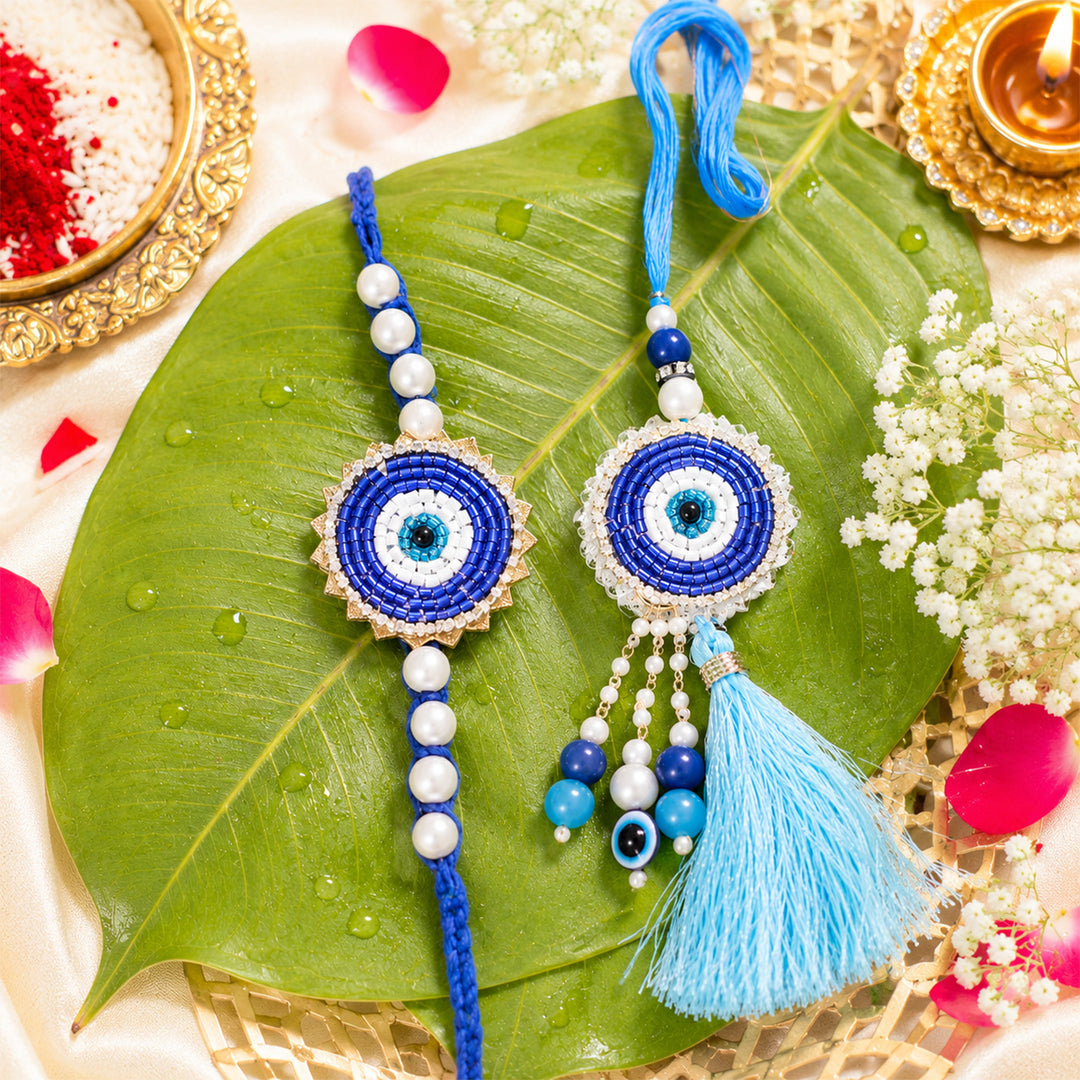 Handmade Beaded Blue Evil Eye Rakhi & Lumba Gift Set For Bhaiya Bhabhi | Set of 2