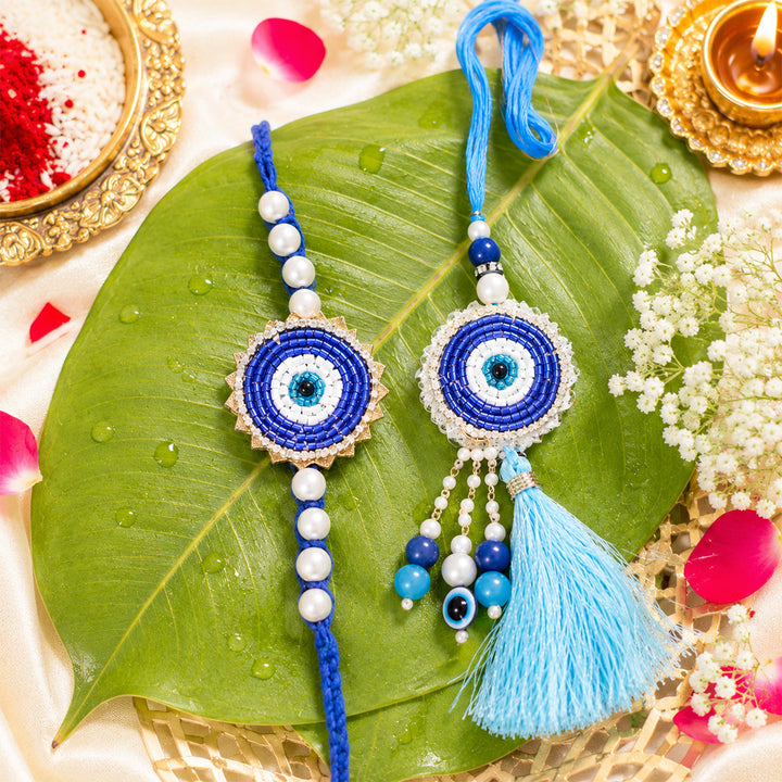 Handmade Beaded Blue Evil Eye Rakhi & Lumba Gift Set For Bhaiya Bhabhi | Set of 2
