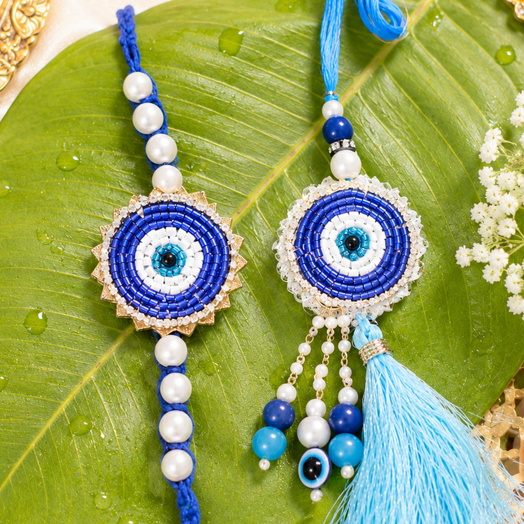Handmade Beaded Blue Evil Eye Rakhi & Lumba Gift Set For Bhaiya Bhabhi | Set of 2