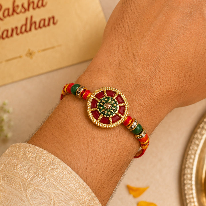 Handmade Beaded Designer Stone Rakhi Gift Hamper With Roli Chawal For Brother