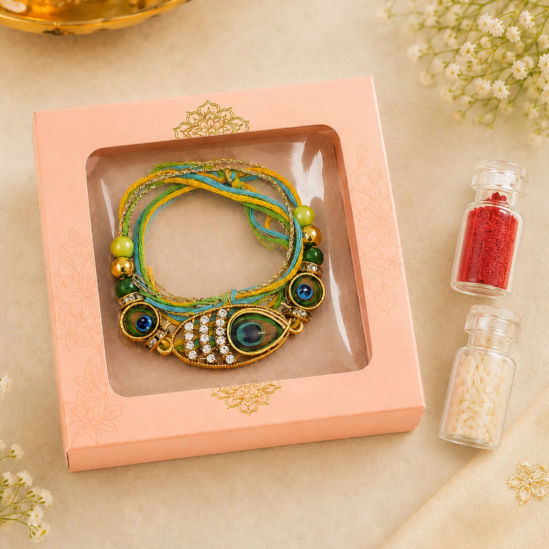 Handmade Beaded Peacock Feather Rakhi With Roli Chawal For Brother