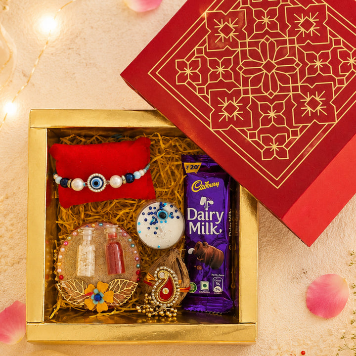 Handmade Beaded Evil Eye Rakhi Gift Hamper With Roli Chawal For Brother