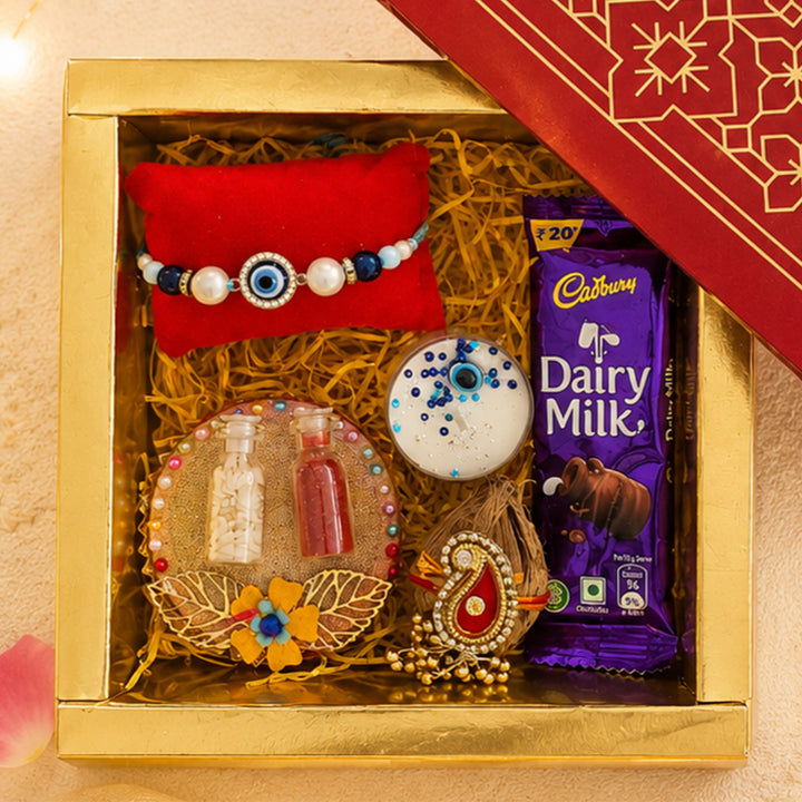 Handmade Beaded Evil Eye Rakhi Gift Hamper With Roli Chawal For Brother