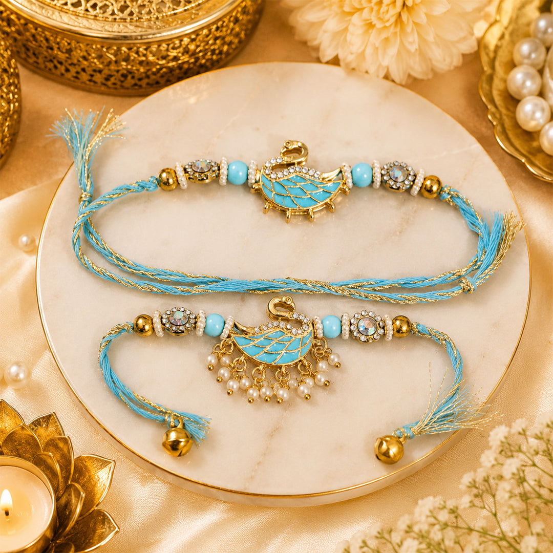 Handmade Beaded Royal Swan Motif Couple Rakhi Set For Bhaiya Bhabhi | Set of 2