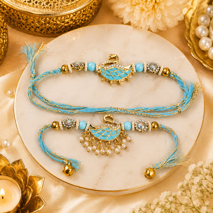 Handmade Beaded Royal Swan Motif Couple Rakhi Set For Bhaiya Bhabhi | Set of 2