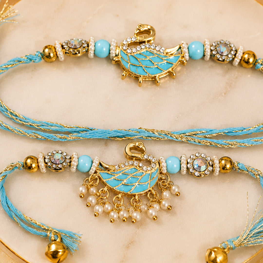 Handmade Beaded Royal Swan Motif Couple Rakhi Set For Bhaiya Bhabhi | Set of 2