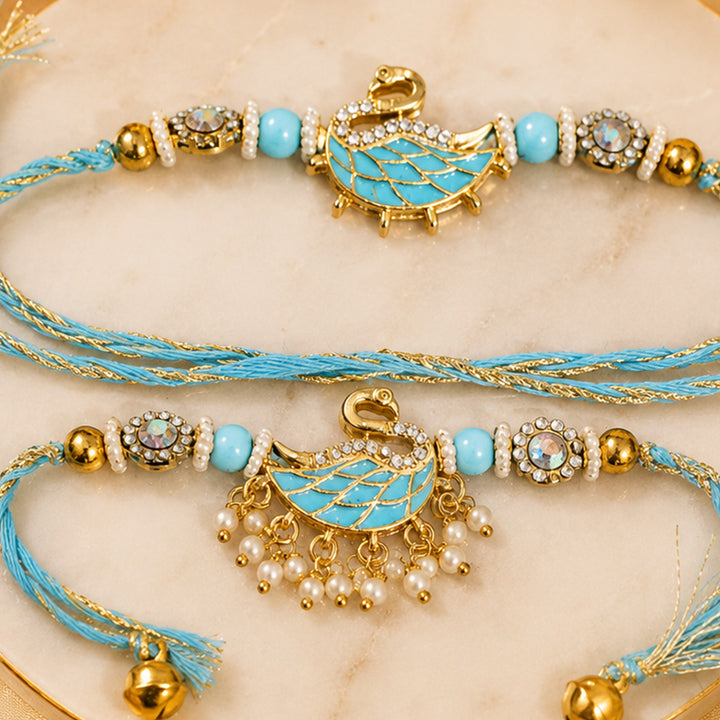 Handmade Beaded Royal Swan Motif Couple Rakhi Set For Bhaiya Bhabhi | Set of 2