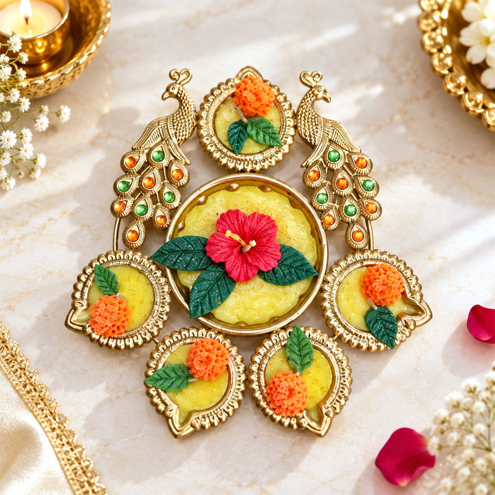 Handcrafted Peacock Rangoli Aluminium Urli Jasmine Scented Multi Wick Soy Wax Candle